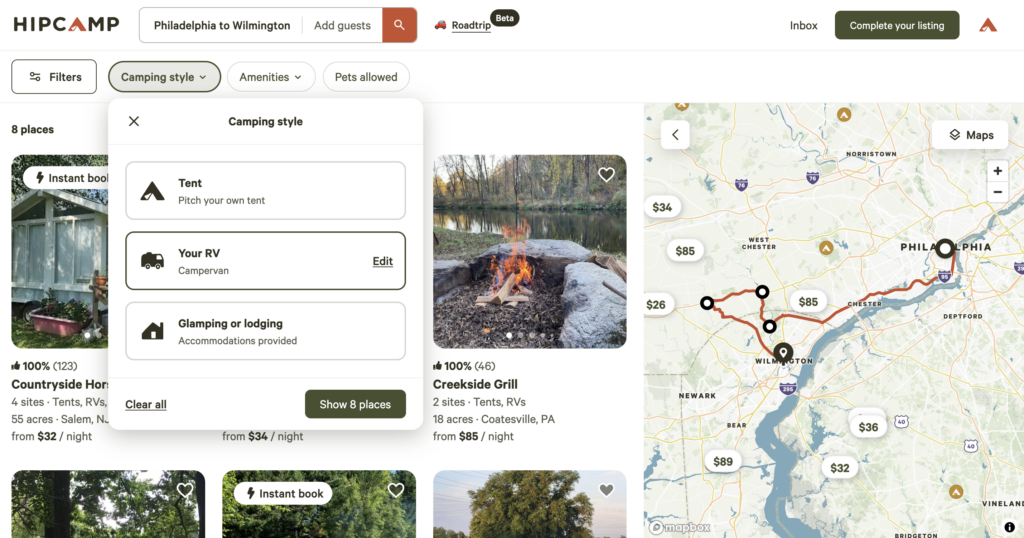 screen photo of hipcamp search tool for finding campsites along the way